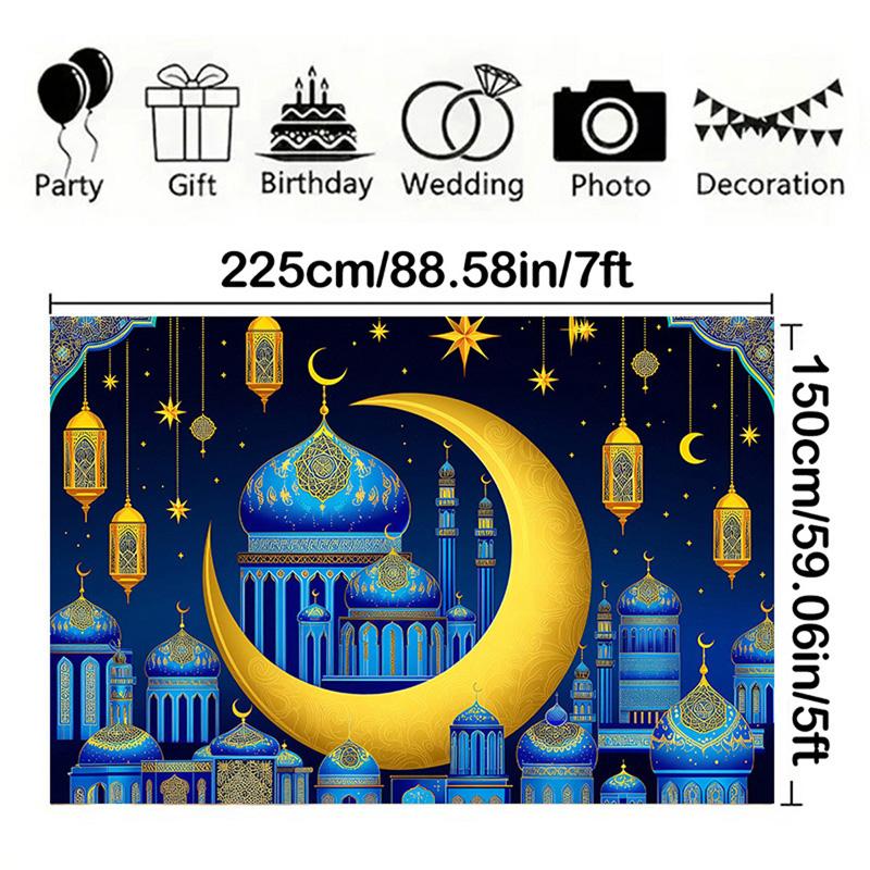 Romantic Night Sky Blue Gold EID Al Adha Background Decor,Crescen,Mosque,lantern,Moon Star Design,Festive Party Celebrations