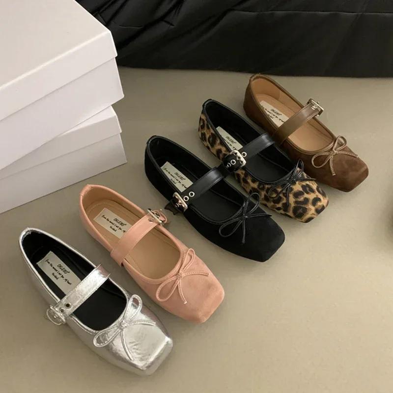Fashion Leopard Print Women Mary Jane Shoes Fashion Shallow Butterfly-knot Flats Retro Style Ladies Comfort Soft Sole Ballerina Shoes