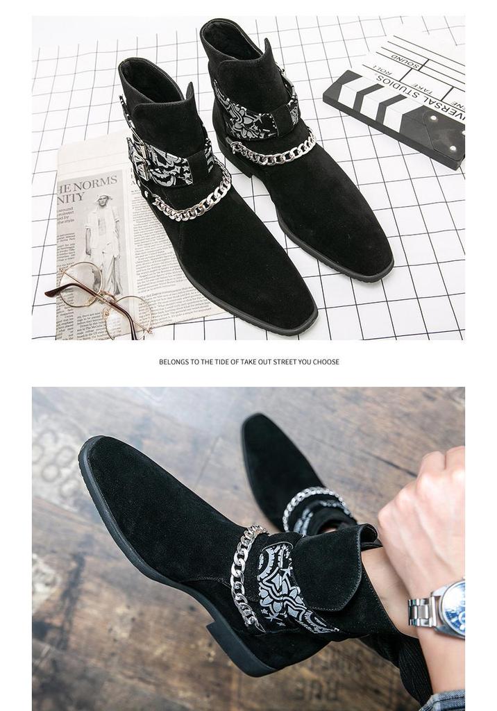 Stivaletti Chelsea da Uomo High Street Taglia Grande con Elastico Laterale, Punta Affilata e Dettaglio Catena alla Caviglia in Pelle Casual, Taglia 48.