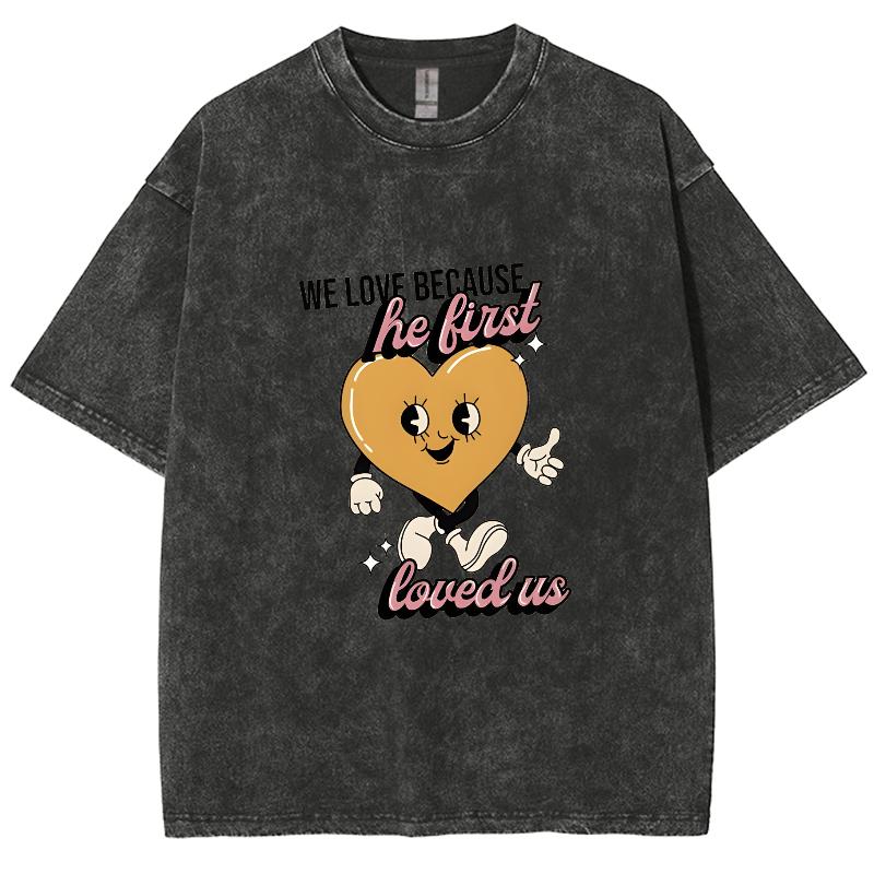 Yellow Cartoon Love Print Women's Washed T-Shirt Oversized Breathable Unisex Half Sleeve Cute Design Sense Top
