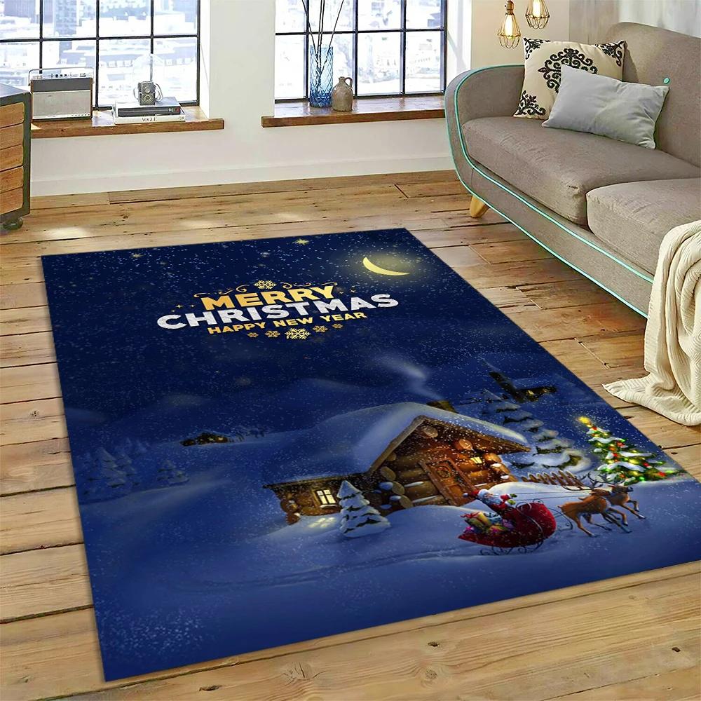 3D Merry Christmas Tree Santa Claus Cartoon Area Rug Large,Carpet for Home Living Room Sofa Doormat Decor,kid Non-slip Floor Mat