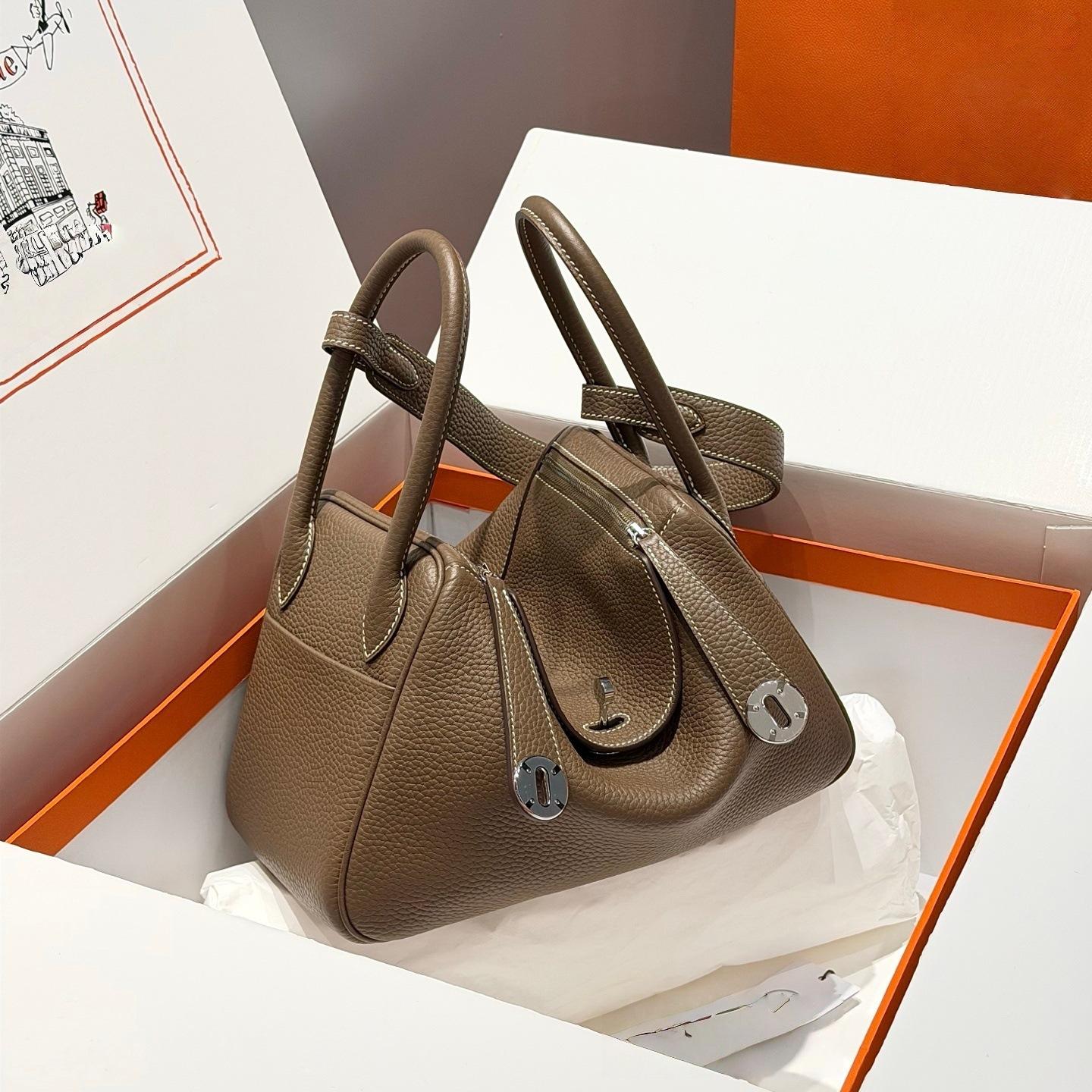 

H Home Stainless Steel Hardware TC Genuine Leather Lindi Bag 19/26/30 Lychee Pattern Head Layer Handheld Doctor s 19x12.5x9（cm）