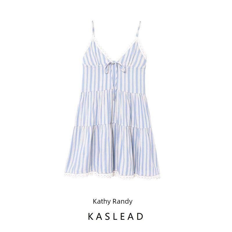Kaslead New Women clothes Western Style Fashion Patchwork Lace Contrast Color Stripe V-neck Sling Dress