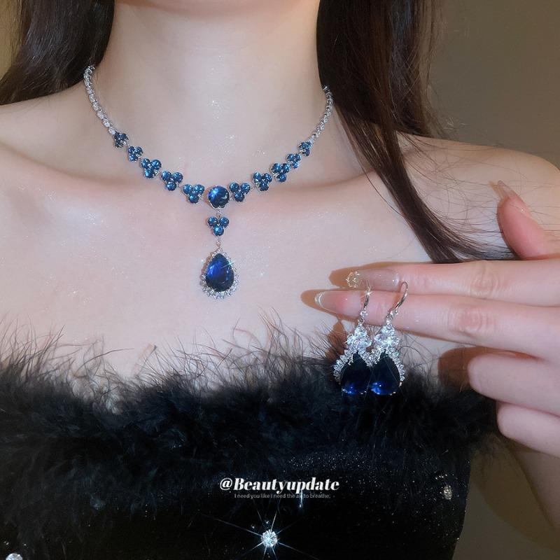 Zircon flower water drop pendant earrings necklace elegant temperament versatile jewelry set light luxury high-end jewelry women