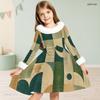 Girls High Neck Long Sleeve Geometric Printed Green Khaki Bow Decor Furry Trim A Line Flared Dress
