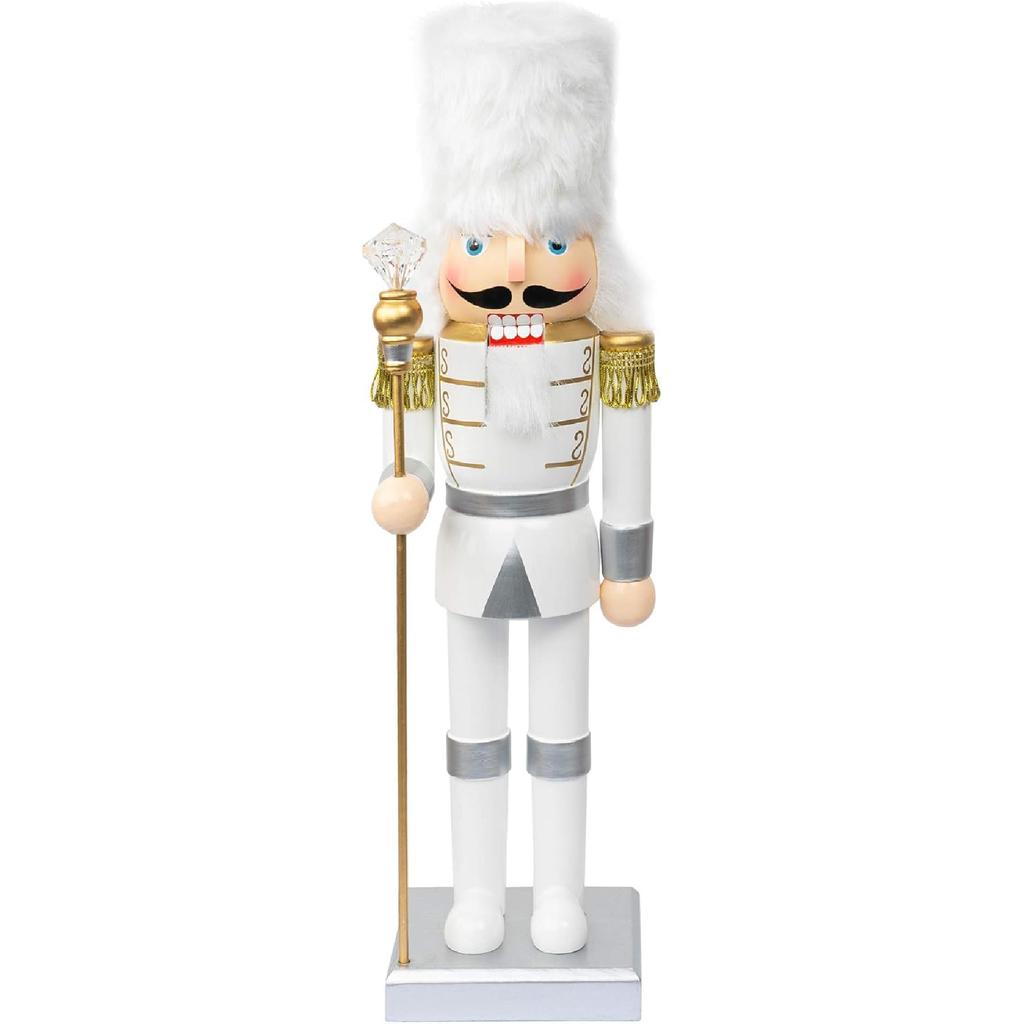 FUNPENY 14" Christmas Decorative Nutcracker Figures, Handmade Wooden Soldier In White Uniform Hold Scepter, Festive Collectible Nutcracker Gift for