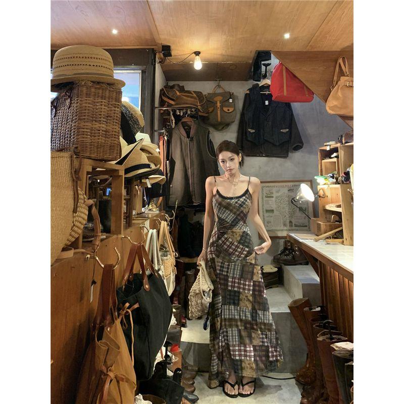 

Vacation Style Retro Gingham Chic Sling Dress Women s Summer Waist Slimming Elegant Long Dress A- line Skirt Gingham Dress S