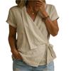 Damen Lapel Kurzarm Baumwoll-Leinen Top Asymmetrischer Saum Wickeldesign Bindegürtel Lässige Bluse Hemd für den täglichen Gebrauch