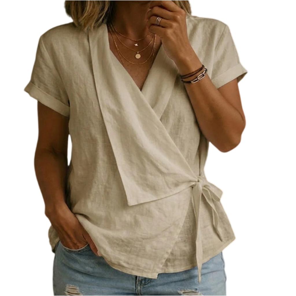 Damen Lapel Kurzarm Baumwoll-Leinen Top Asymmetrischer Saum Wickeldesign Bindegürtel Lässige Bluse Hemd für den täglichen Gebrauch