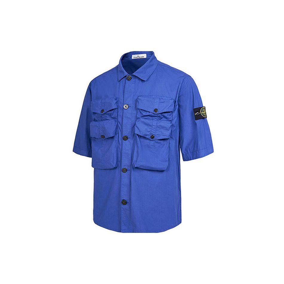 STONE ISLAND Solid Color Multi-Pocket Badge Single-Breasted Polo Short Sleeve Shirt Men Shirts Blue Purple 761511003-V0022
