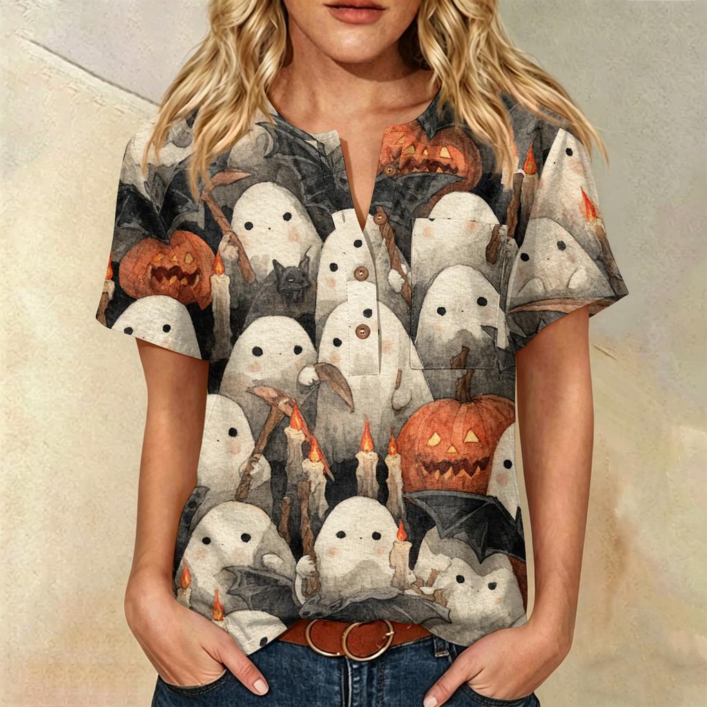 Women's Casual Short Sleeve Linen Cotton Blend Henley Shirt with Chest Pocket Halloween Themed Graphic Print