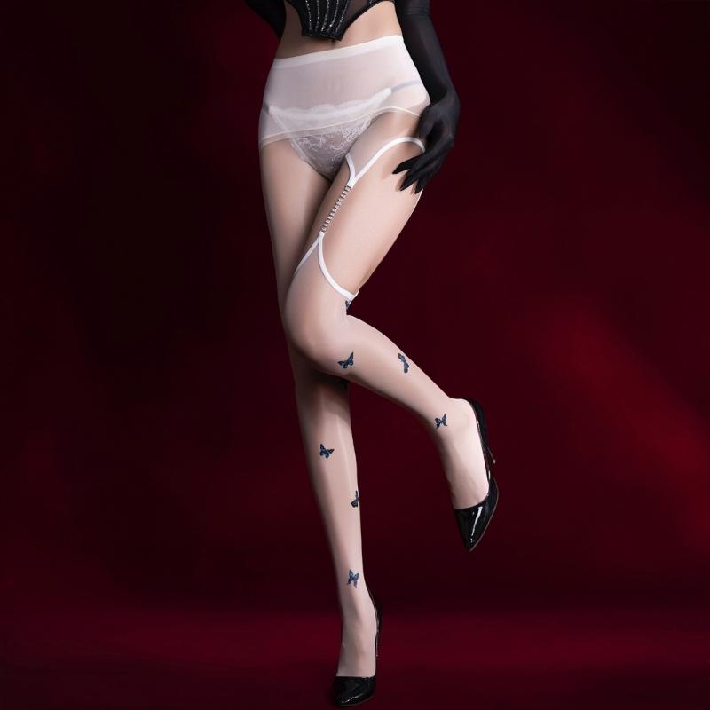 Women's Butterfly Print Oil Glossy Sheer Pantyhose Shimmery Tights With Hollowout Rhinestones Chain Garter Stockings