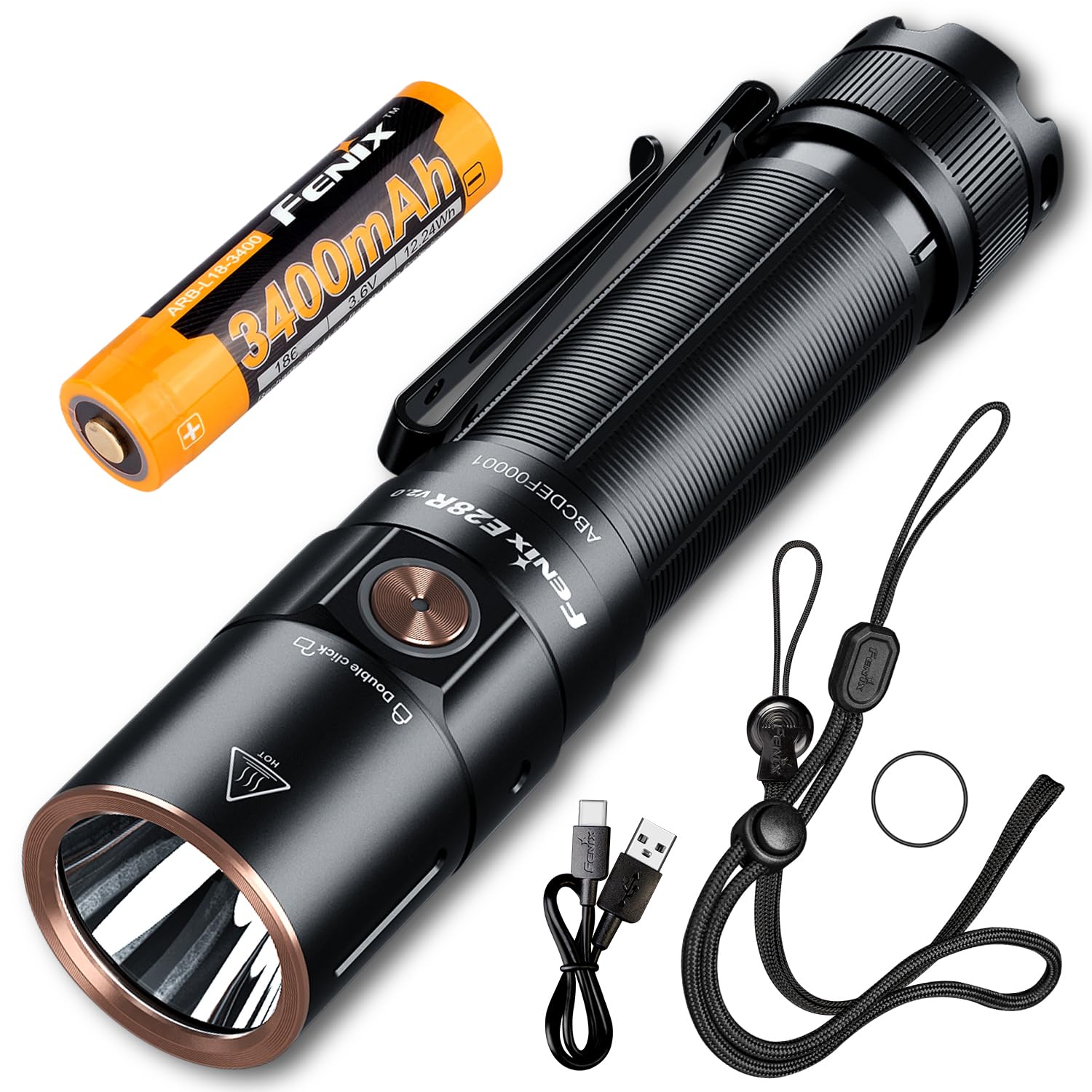 

Fenix E28R Rechargeable LED 1700 IP68 Waterproof and Up to 260 Hours of 126m High Handy Emergency Outdoor Dog Night Insect 3400mAh Battery Powered чорний