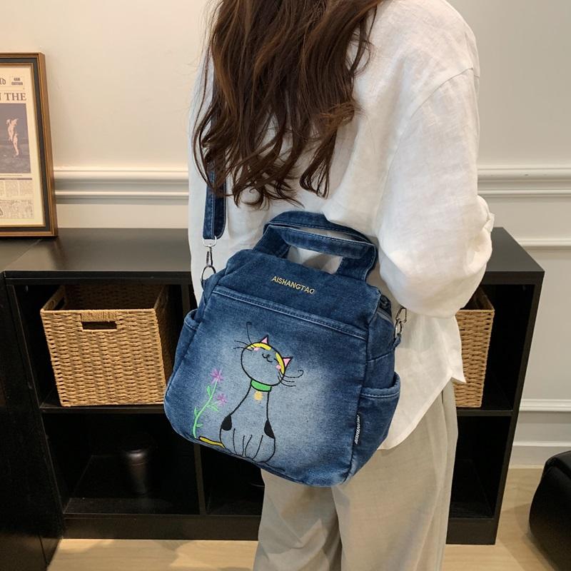 Embroidered Denim Bag Women's Shoulder Bag Cartoon Printed Crossbody Bag