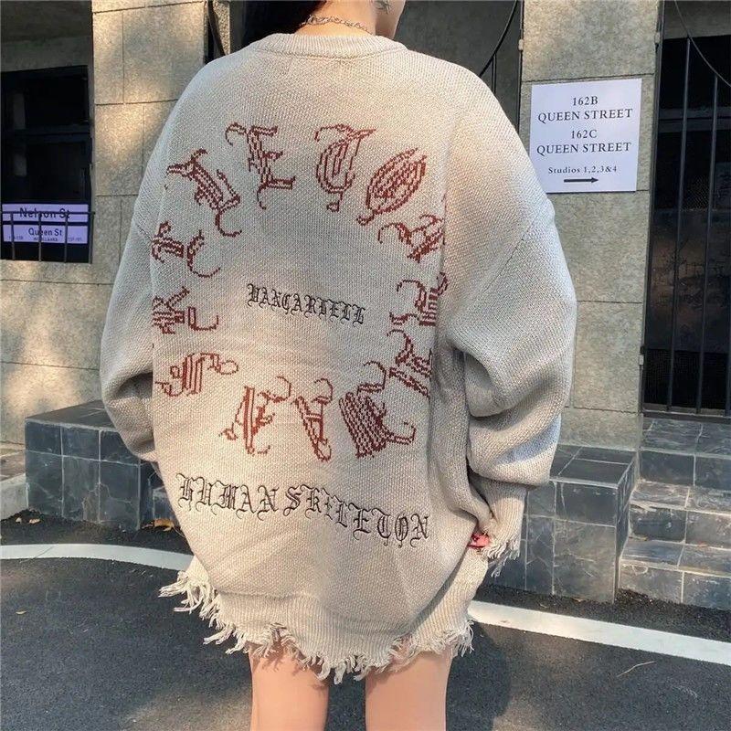 Goth Oversize Knitted Sweater Women Grunge Streetwear Black Graphic Pullover Gothic Grey Y2k Long Sleeve Top Winter