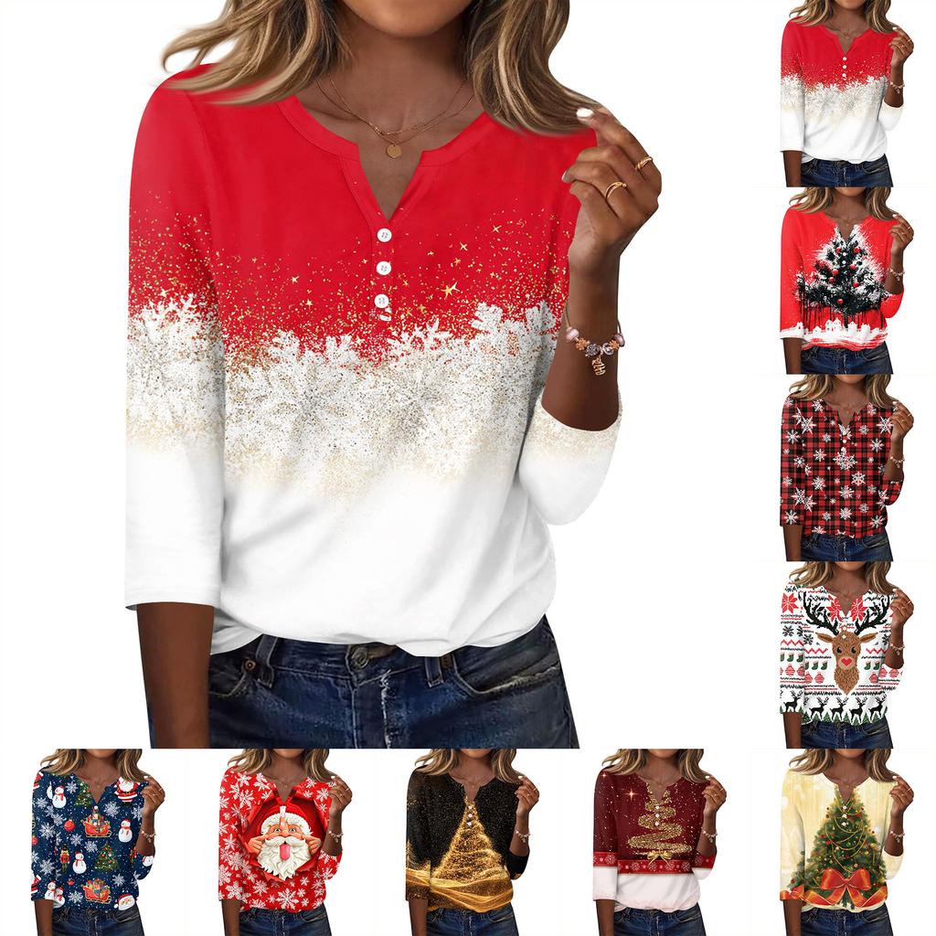 Women's Casual Christmas Print V Neck Button Up 3/4 Sleeve T Shirt Top