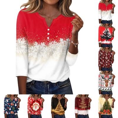 Women's Casual Christmas Print V-Neck Button-Up 3/4 Sleeve T-Shirt Top