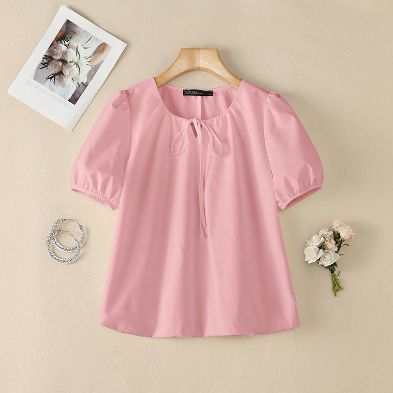 ZANZEA Women Casual Round Neck Solid Color Loose Short Sleeve Blouse