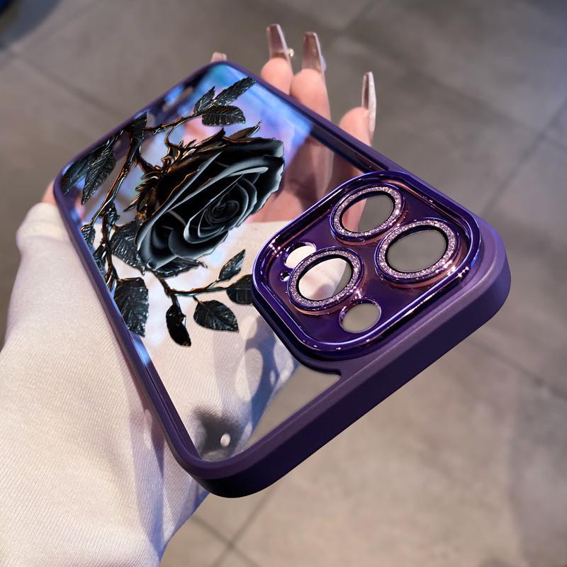 Black Rose flower phone case for iPhone 11 12 13 14 15 16 17 Pro Max case Bling elegant camera protection transparent Cover