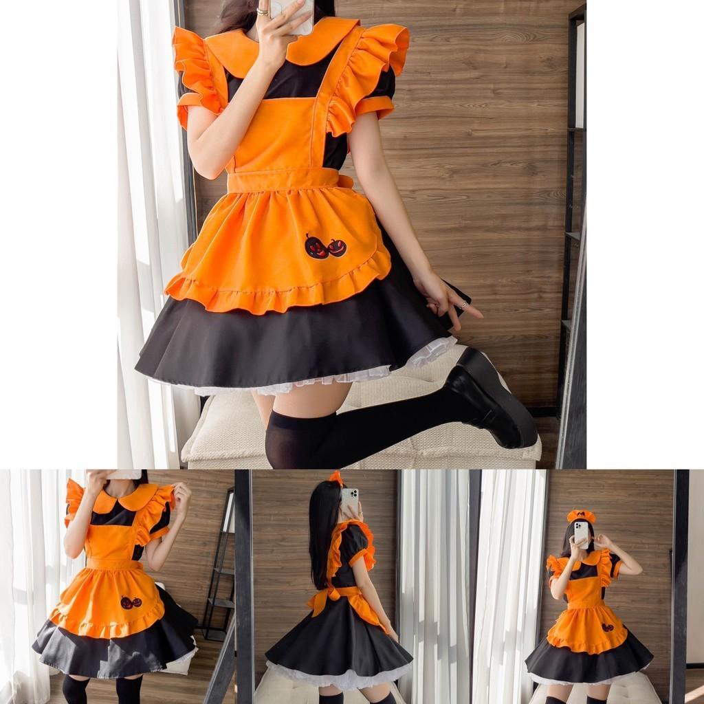 Cute Lolita Pumpkin Maid Halloween Party Costume Dress With Headdress