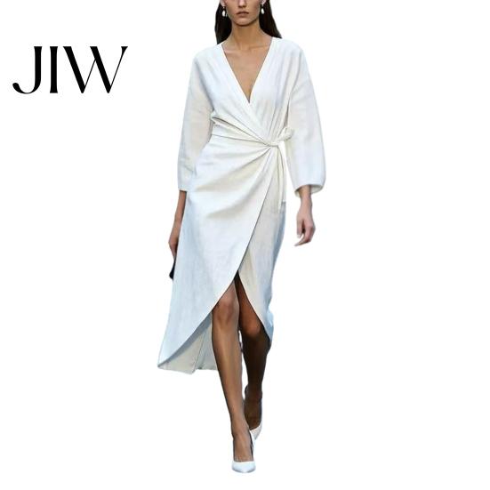Deep V-Neck Dress Summer Women Dress, Ruffle Slim Waist Midi Long Casual Dresses Sleeves Solid Color Wrap for Daily Wear Party