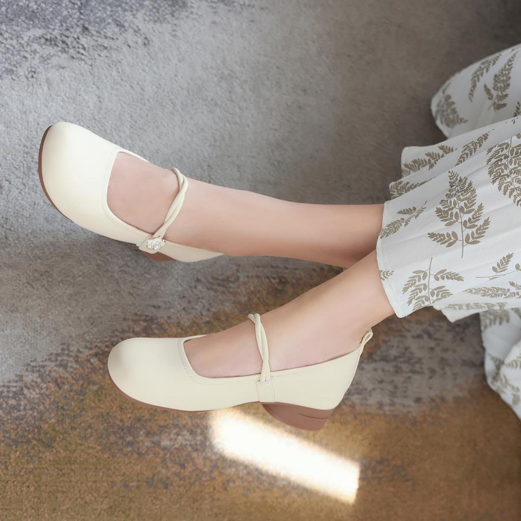 Vintage Camellia Mary Jane Shoes Women's Thick Heel with Soft Leather Low Heel Single Shoes Women's Casual Beanie Shoes