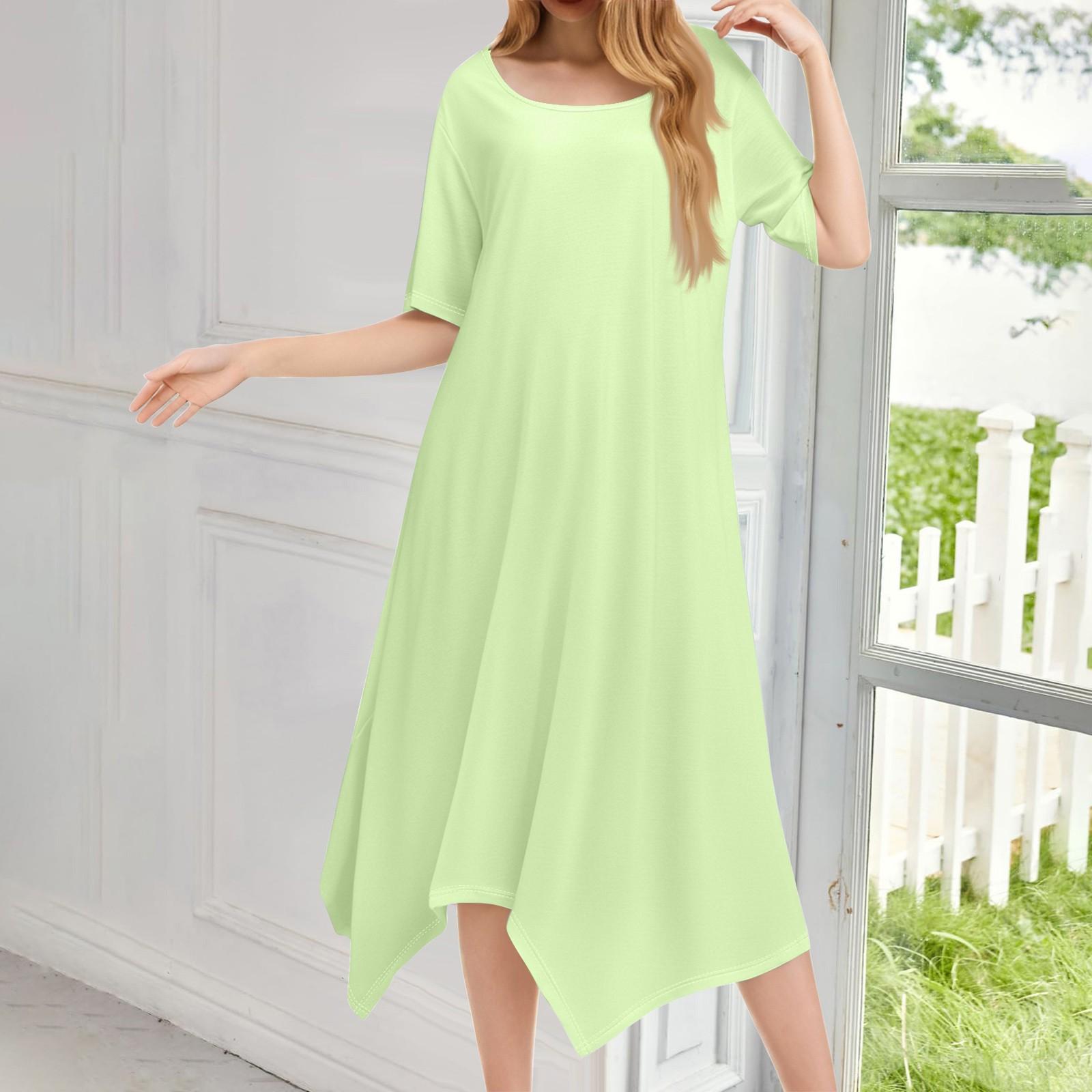 

Женское повседневное модное платье миди с круглым вырезом и коротким рукавом, однотонное, с неровным подолом M