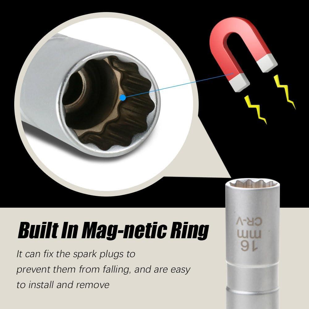 Car Spark Plug Socket Set Extended Universal Joint Magenetic Wrench Removal Tool 3/8" Drive CR-V 12-Point 16mm