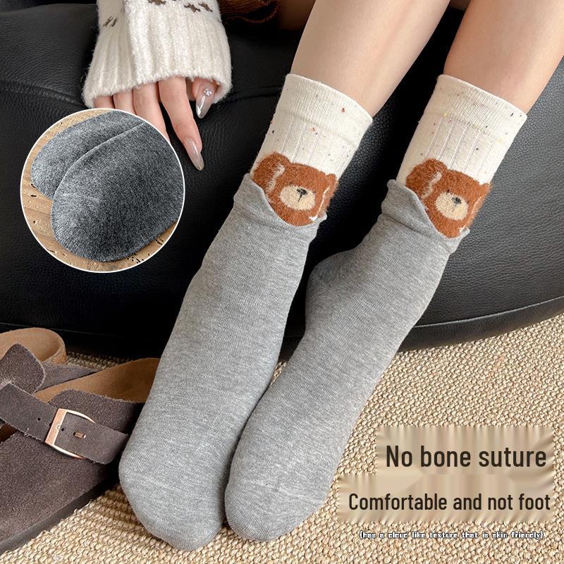 Women's Gray Mid-Calf Cartoon Socks - Cute College Style for Spring & Autumn