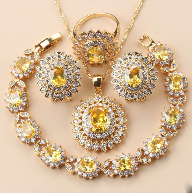 African Wedding Necklace Big Sunflowe Jewelry Sets  Gold Plated Luxury Woman Earrings Charm Bracelet And Ring Bridal Costume