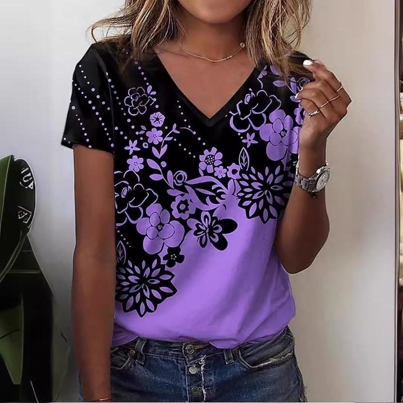 V-neck T-shirt Loose Casual Rose Trend Print Women's Fashion Top Shirt