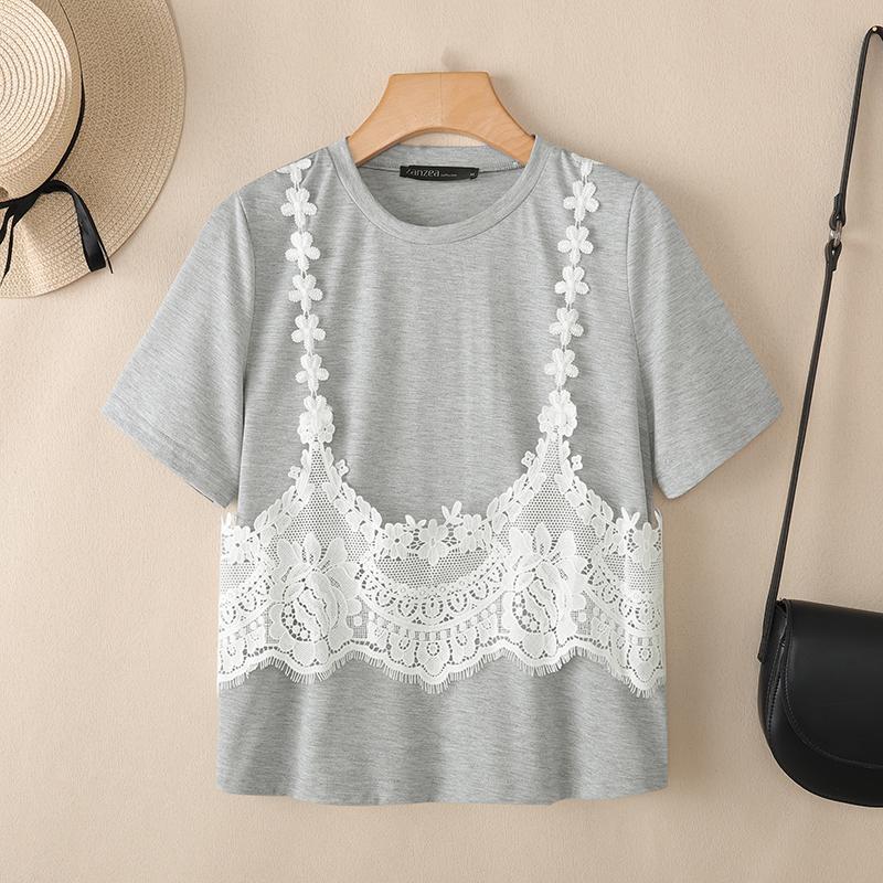 ZANZEA Women Summer Round Neck Lace Patchwork Casual Short Sleeve T-shirt