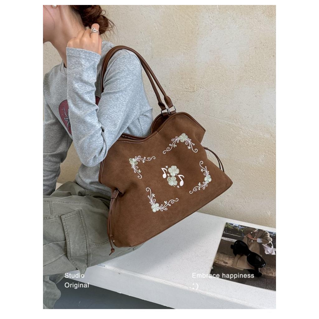 Hobo Bag Women Faux Leather Large Capacity Embroidered Drawstring Daily Commute