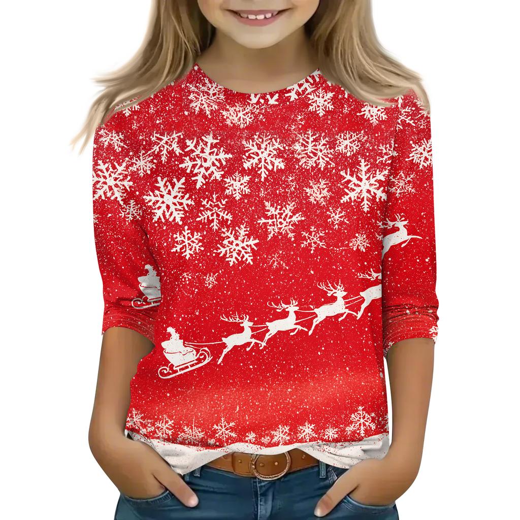 Christmas Day Print Tops For Youth Girls 4-11 Years Round Neck 3/4 Sleeves T-Shirts Trendy Tops Outfit Tees