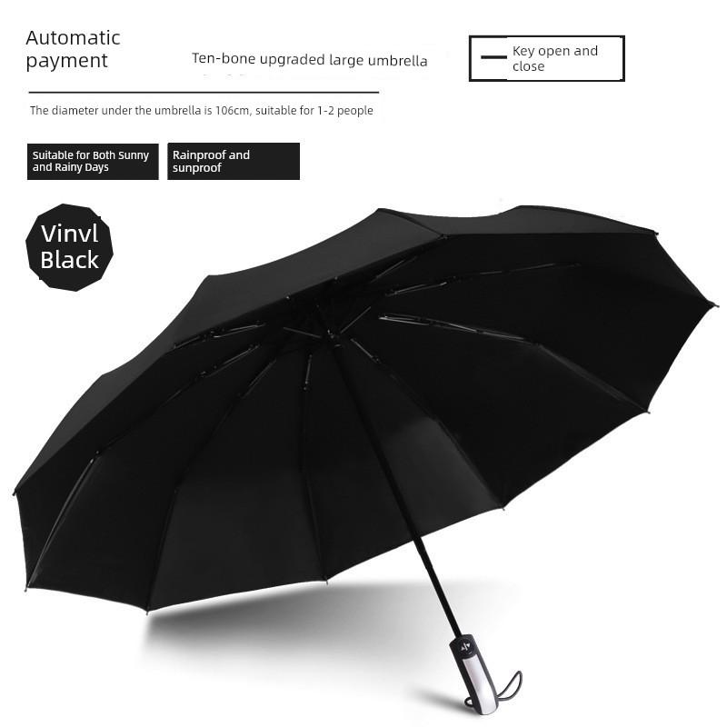 12-Rib Black Rubber Fully Automatic Folding Umbrella for Sun and Rain, Bulk Quantity, 70% off Sunshade Umbrellas with Logo Printing, Gift and