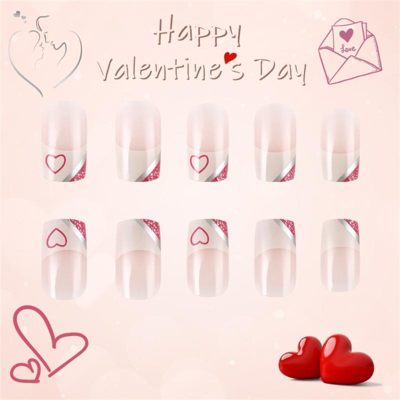 24 Pcs Short Square False Nail with Heart Artificial Nail Valentines Day Press On Nail French Tip Stick on Nail