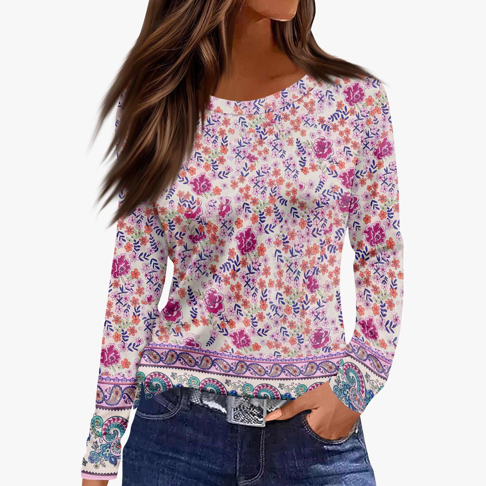 Ladies  Casual Round Neck Floral Printed Long Sleeved Shirt XL розовый