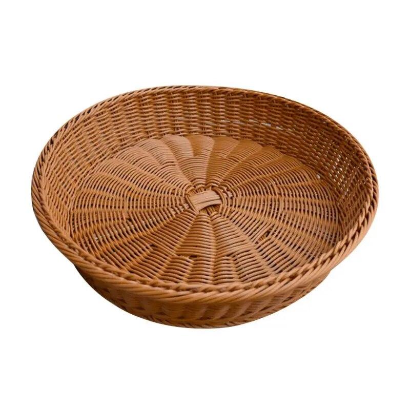 Imitation Wicker Woven Round Basket Bread Tray Serving For Food Fruit Kitchen Organizer Basket