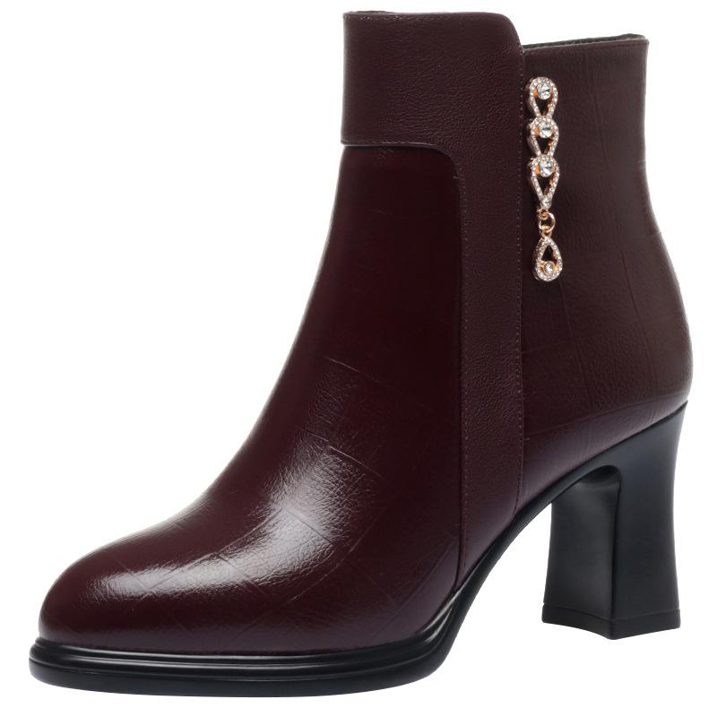 Autumn/Winter 2023 Chunky Heel Ankle Boots - Warm Fleece-Lined Leather Shoes for Middle-Aged Women