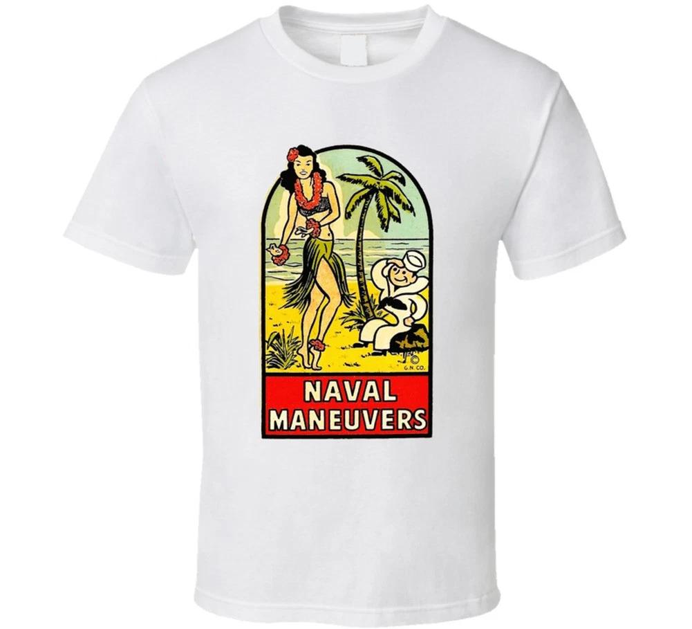 

Retro Vintage T-shirt Naval Maneuvers Hula Girl Sailor Tee Hawaiian Beach Hawaii S