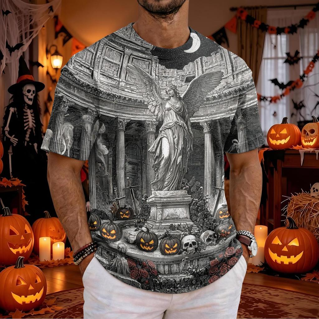 Men's Halloween Neck Short Sleeve T-Shirt with Graphic Print for Costume Party
