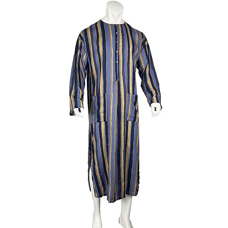 Men Traditional Robe Style Loose Striped Long Sleeve Muslim Abaya Thobe Retro Chinese Taoist Gown, Oversized Soft Casual Ethnic Daily Streetwear Men