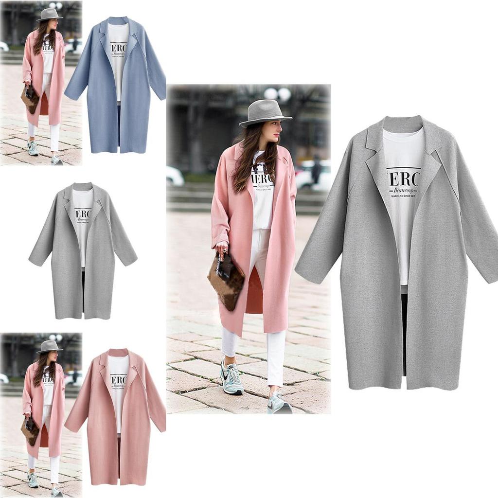 Stylish And Versatile Medium Long Suit Collar Coat With Long Sleeves In Pink Blue Gray