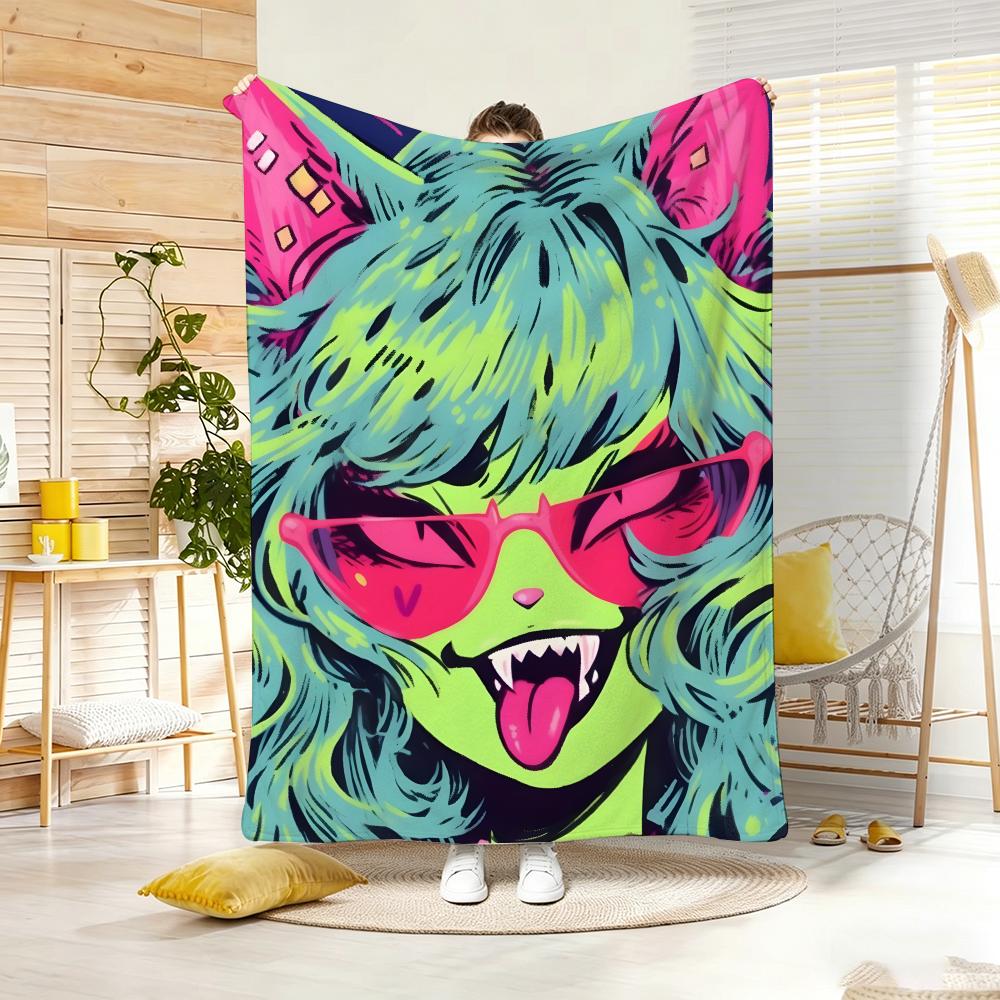 Artwork C-Cat Ear Girl Throw Lightweight 240g Flannel Blanket Soft Skin-friendly for Summer Cooling