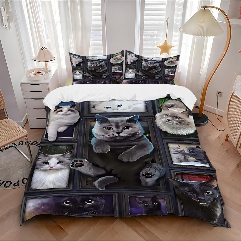 3pcs Cat Collage Bedding Set - Includes Quilt Cover and Pillowcases, Suitable for All Seasons, Machine Washable - Ideal Gift for Family and