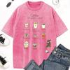 Cat People'S Coffee Illustration Print Women Washed T-Shirt Trendy Crewneck Tee Shirt Clothes Cotton Short Sleeve