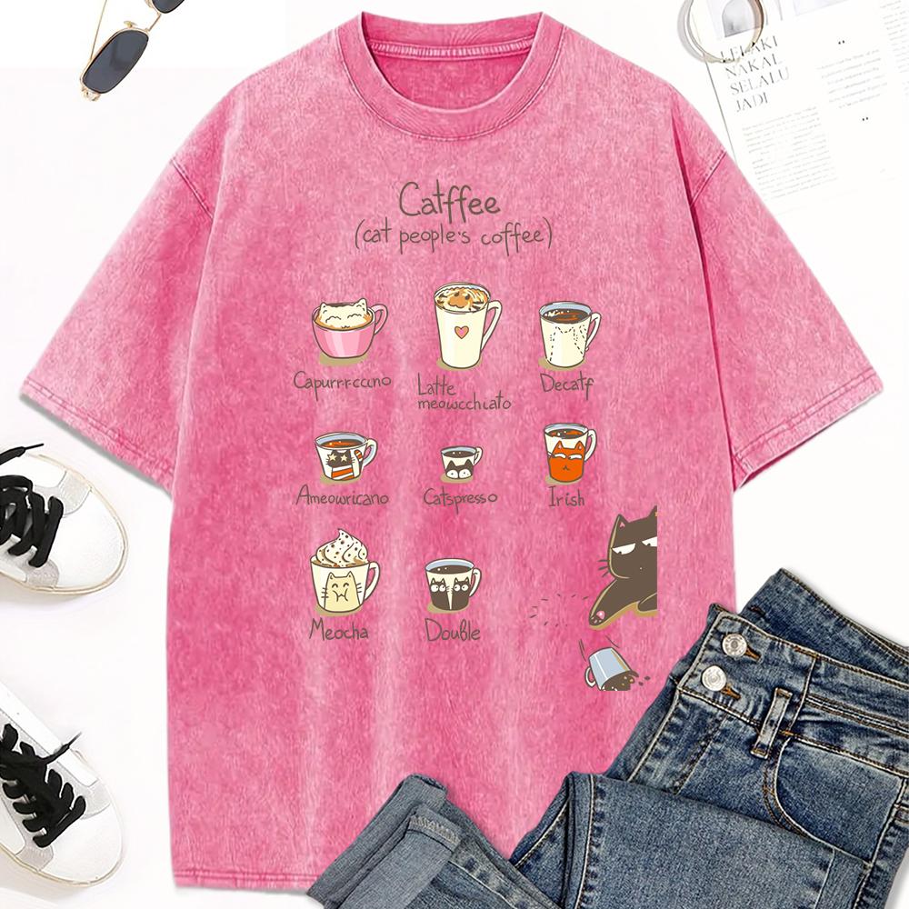 Cat People'S Coffee Illustration Print Women Washed T-Shirt Trendy Crewneck Tee Shirt Clothes Cotton Short Sleeve