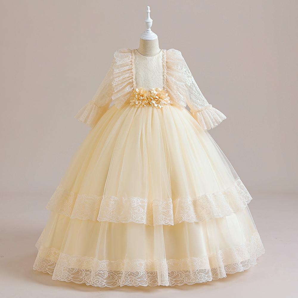 Flauschige Mädchen-Partykleider, weiße Spitze, Schleife, Bridemaid, Hochzeit, Prinzessin, Kinderkleid für Mädchen, halbe Ärmel, Geburtstagskleid, Kostüm