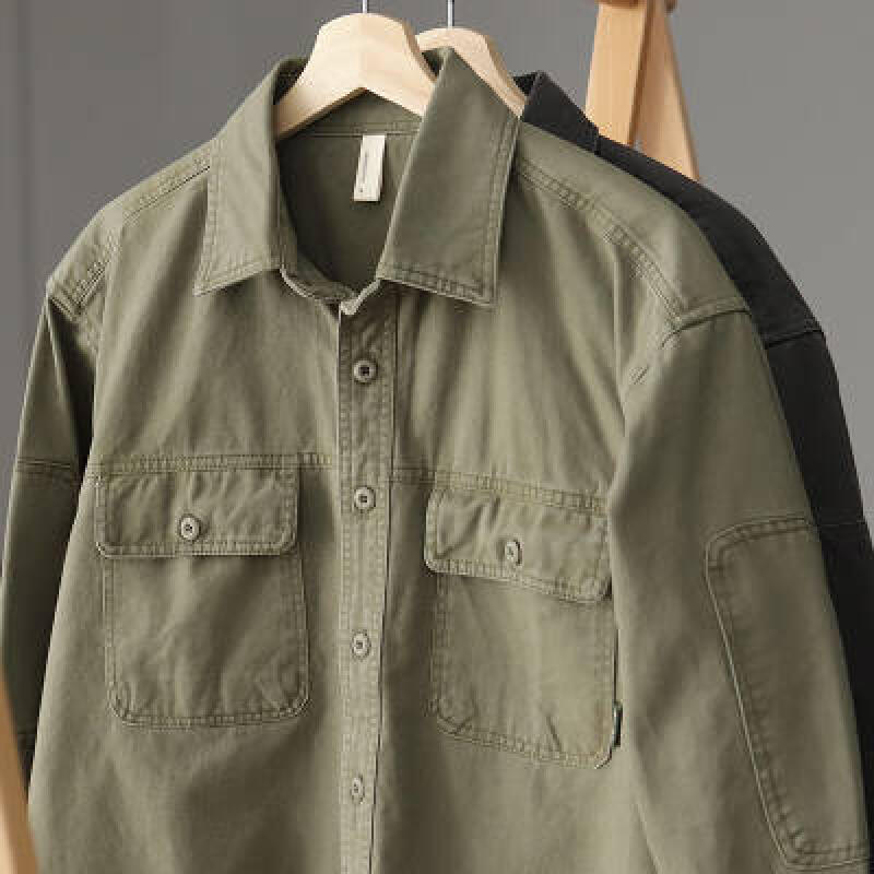 Men's Work Shirt Spring Autumn American Retro Style Loose Lapel Long Sleeve Shirt Jacket Casual Button Down Overshirt for Male Daily Streetwear