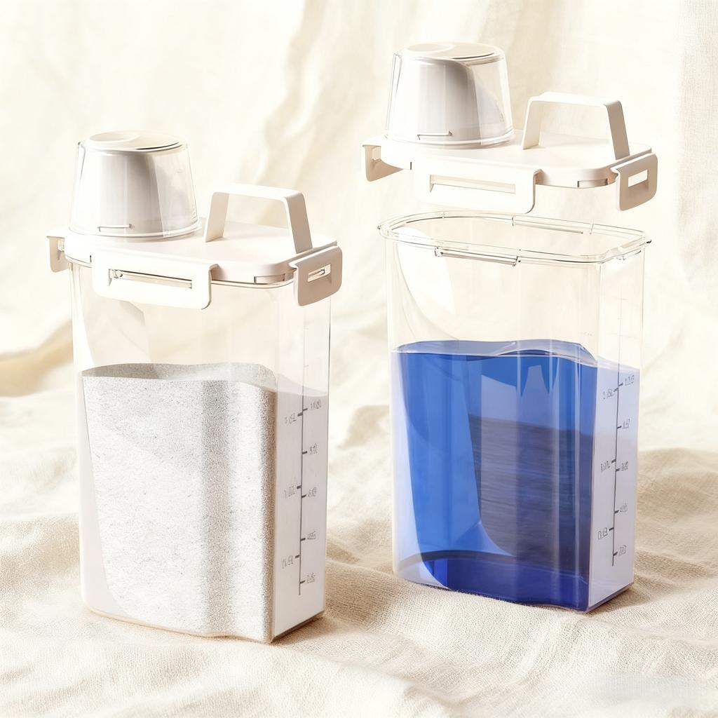Portable Airtight Storage Jar for Laundry - Washing Powder & Liquid Dispenser with Measuring Cup Efficient Laundry Organizer